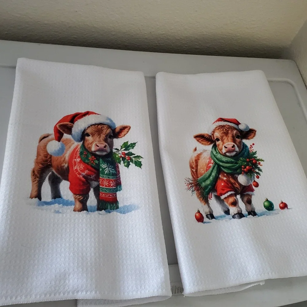 Christmas Highland Cow Kitchen Towels Set of 2 Waffle Weave Holiday Decor White